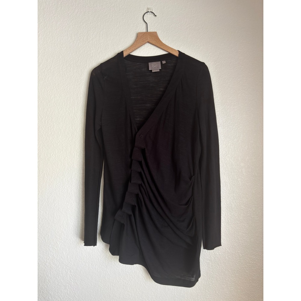 Vanessa Virginia Anthropologie Black Draped Ruffle V-Neck Long Sleeve Top Medium - Picture 1 of 8
